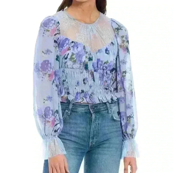 Free People Tops - Free People Daphne Floral Print Lace Sheer Long Blouson Sleeve Blouse Medium NWT